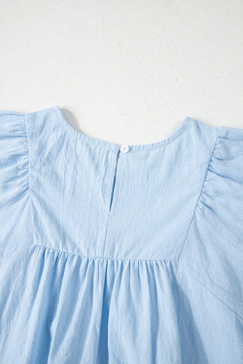 Beau Blue Solid Color Embroidered Scalloped Sleeves Crew Neck Blouse - Love Salve